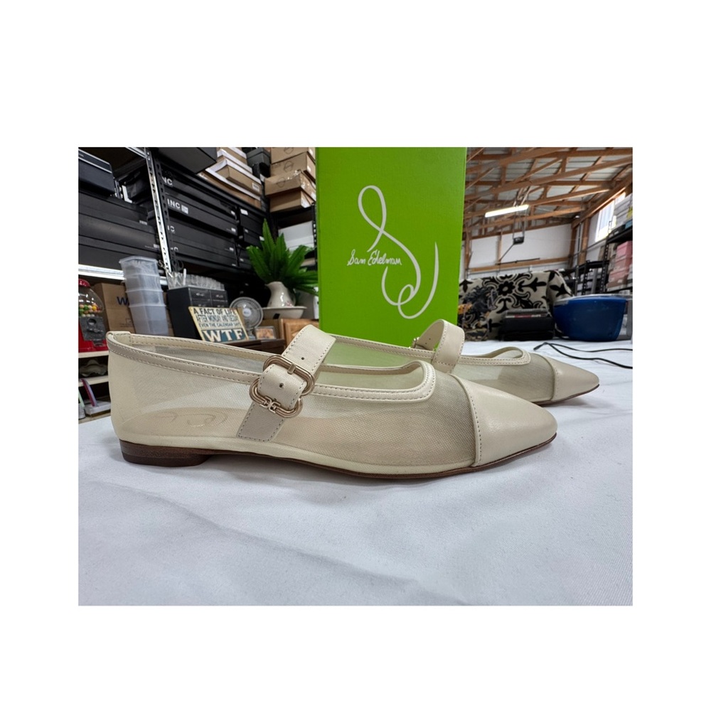 Sam Edelman Cream Mary Jane Pointed Toe Leather/Mesh Flats 10